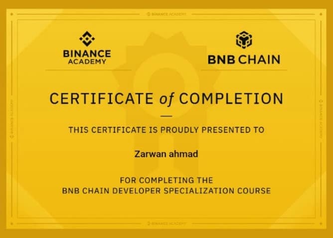 BNB Chain Developer Specialization certificate — Binance Academy