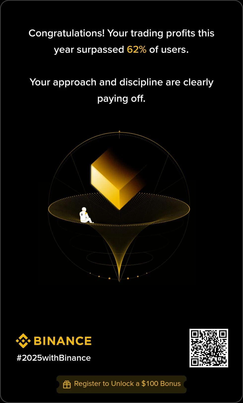 Binance 2025 trading recap — personal year-in-review card.